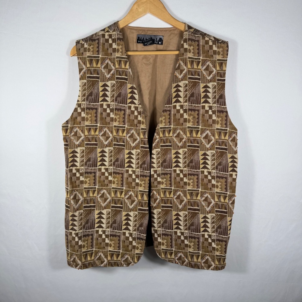 NY Line Geometric Print Vest Sleeveless Brown Beige Tapestry Bohemian VTG